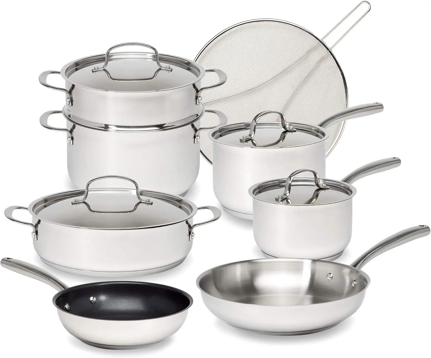 

12-Piece Classic Stainless Steel Cookware Set with Tri-Ply Base for Even Heating, Durable, Bonded Pots and Pans, Dishwasher Saf