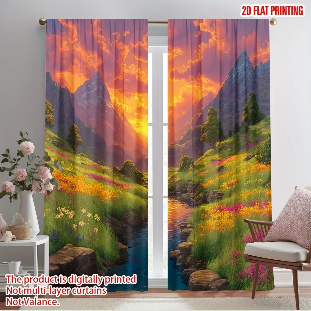 Digital Print Mountain Landscape Curtains 2pcs Photo Realistic Nature Sunset View Curtains for Living Room Bedroom Decor