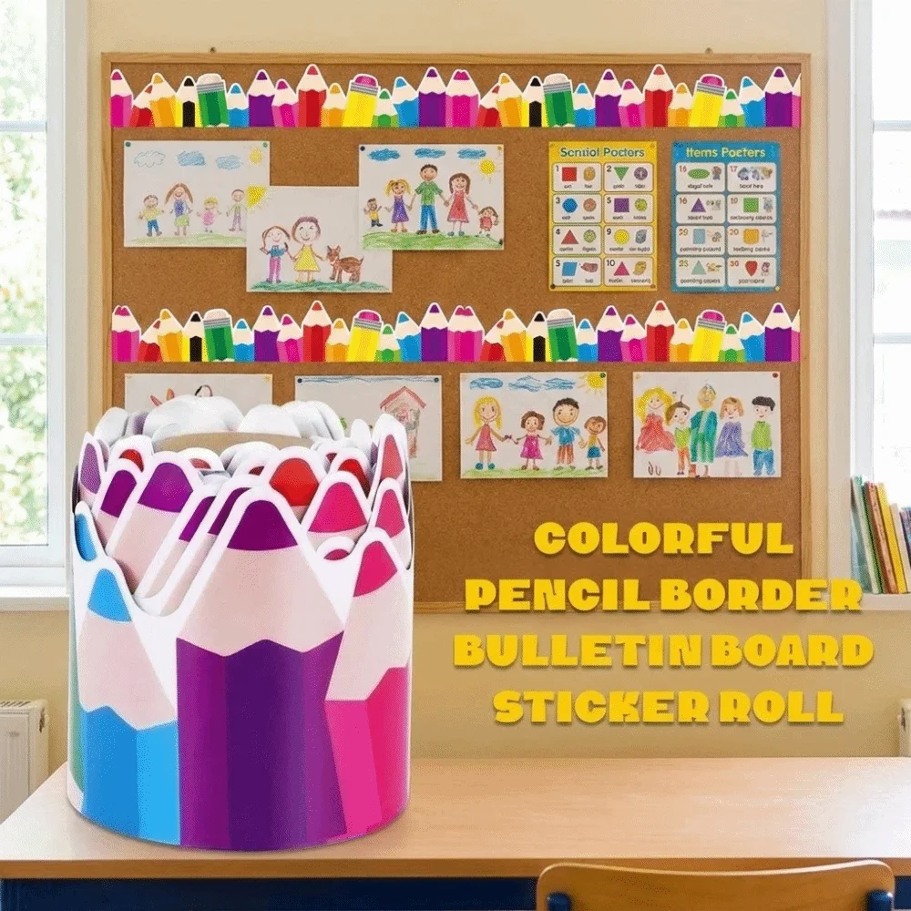 Copperplate Paper Pencil Shape Blackboard Stickers Self Adhesive Colorful Border Sticker Roll Die-Cut Trim Multi-length