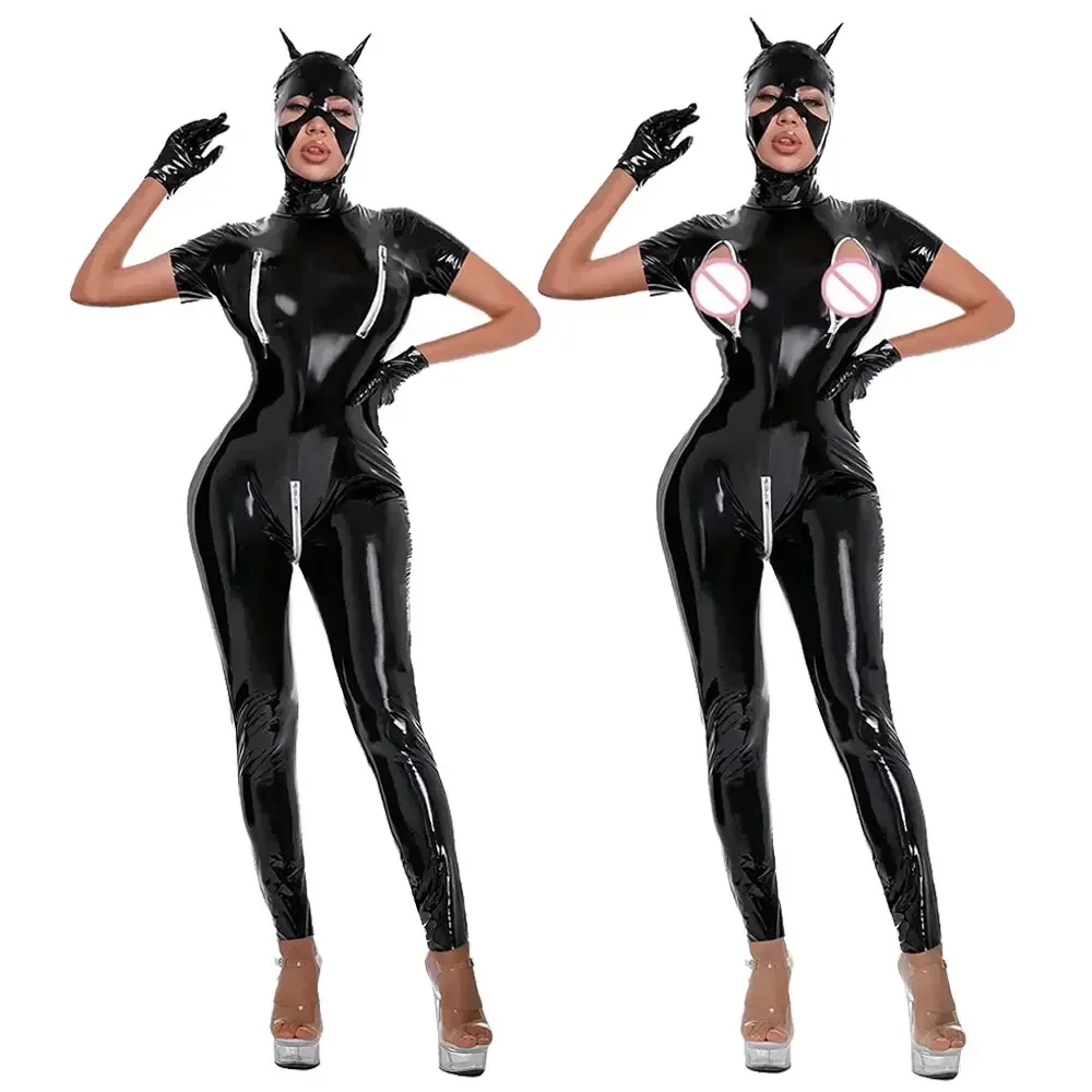 

Open Crotch Stretch Jumpsuits Women Shiny PU Faux Leather Jumpsuit Sexy Zip Open Crotch Wetlook Latex Bodysuit Clubwear Catsuit