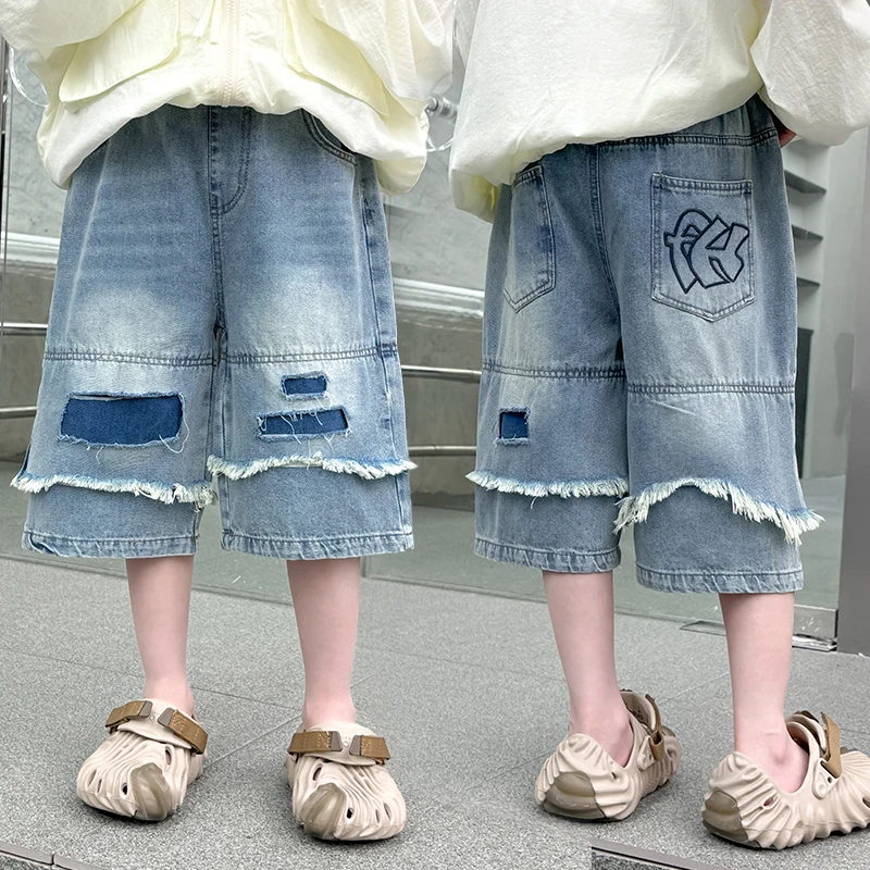 

New Summer Big Boy Ripped Denim Shorts Kids Designer Luxury Blue Mid Calf Short Pants Children Stylish Cool Jeans Bottoms 5-14Y