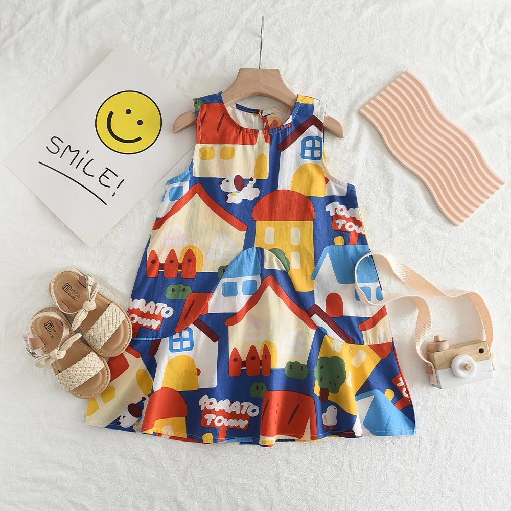 Girls Dresses 2023 New Girls Magnanimous Cartoon Pattern Print Sleeveless Tank Dress 3-14 Years Old Girls Clothing