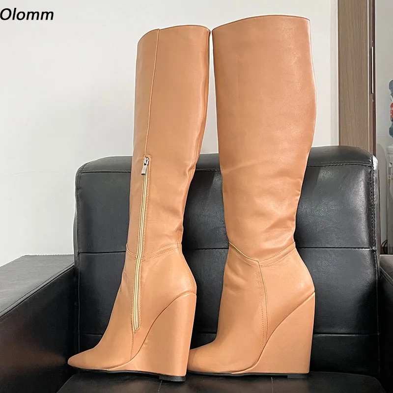 

Olomm New Women Winter Knee High Boots Faux Leather Side Zipper Wedges High Heels Pointed Toe Khaki Club Shoes Plus US Size 5-15