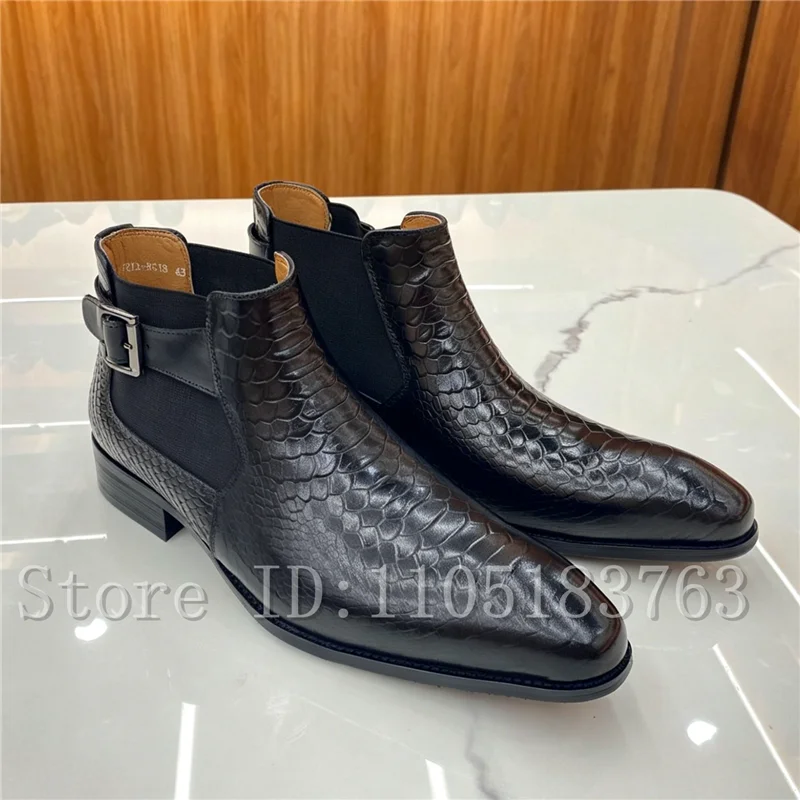 Men Luxury Black Snake Pattern Chelsea Boots Pointed Toe Genuine Leather Buckle Strap Ankle Boots for Business Party Daily Wear