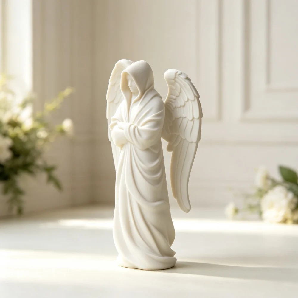3D printed hooded guardian angel figurine for spiritual zen meditation room decor peaceful prayer ornament gift