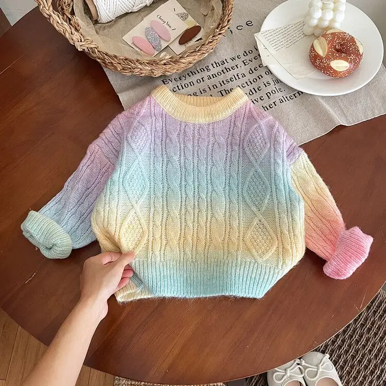 Girls Gradient Thickened Sweater 2024 Children Stylish Winter Korean Top Girls Rainbow Round Neck Knitted Sweater