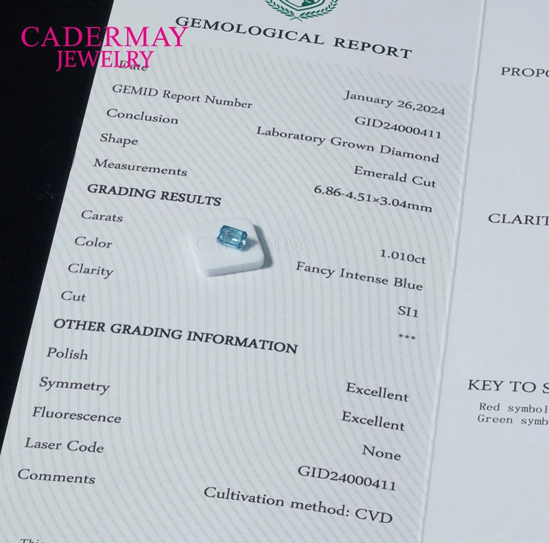Cadermay GEMID Certificate CVD Blue Diamond 1ct Fancy Intense Blue Si1 Emerald Cut Lab Grown Diamond For Jewelry Making