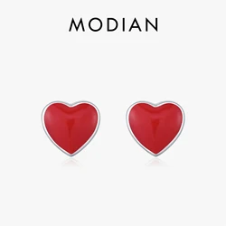 MODIAN 925 Sterling Silver Charming Romantic Red Enamel Heart Tiny Stud Earrings For Women Daily OL Fine Jewelry