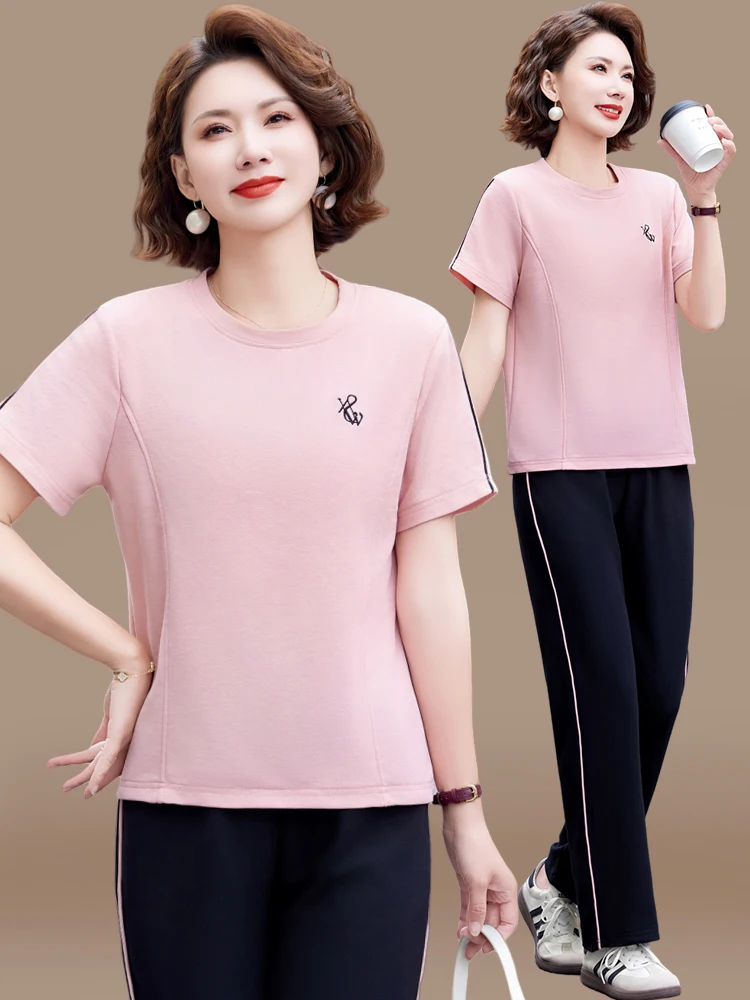 

Midlife Mom Summer Sportswear Set ort Sve Women's Two-Piece Suit Korean Sle Casual Loose Fit Long Pants round Ne