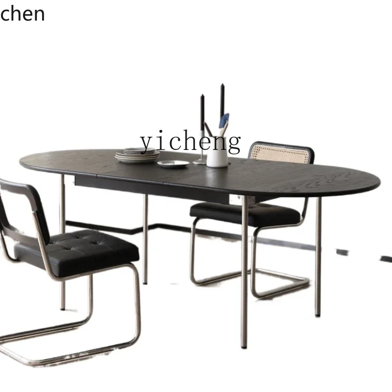 YFY  Solid Wood Oval Folding Table Oak Black Retractable Dining Tables and Chairs Set