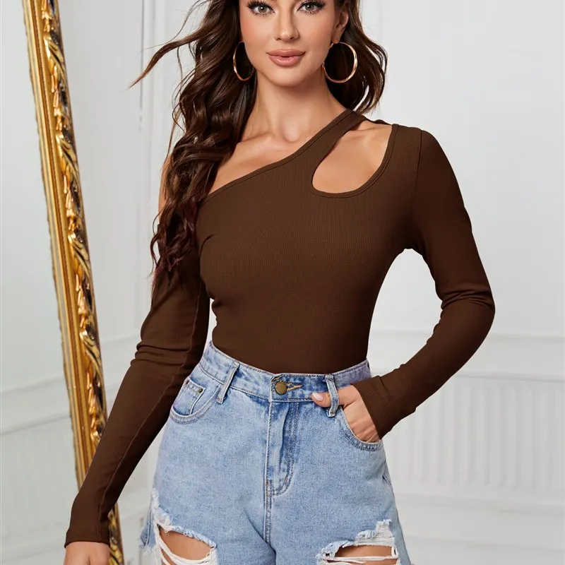 

Ele European Women's Asymmetrical Knitted T-irt Long Sve Court Sve Waist-Cinching Pure Color Faion Top