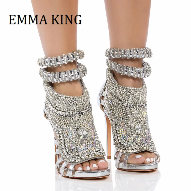 

Women Rhinestone High Heels Sandals Sexy Peep Toe Metallic Leather Stiletto Sandals Ladies Bling Crystal Wedding Party Shoes