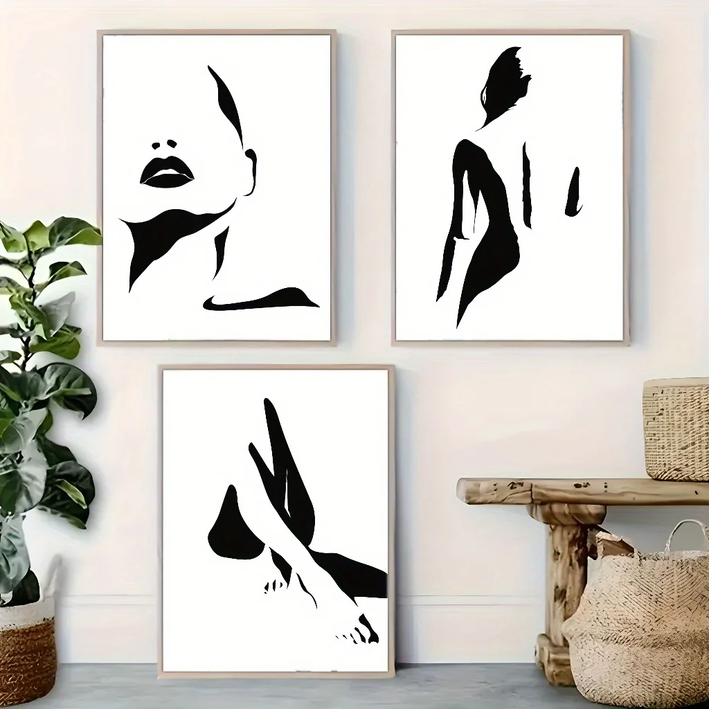 مجموعة ديكورات قماشية بدون إطار مكونة من 3 قطع، فن أنيق لكل زاوية من فن تجريدي منزلي، ملصق أزياء نسائي، C #2