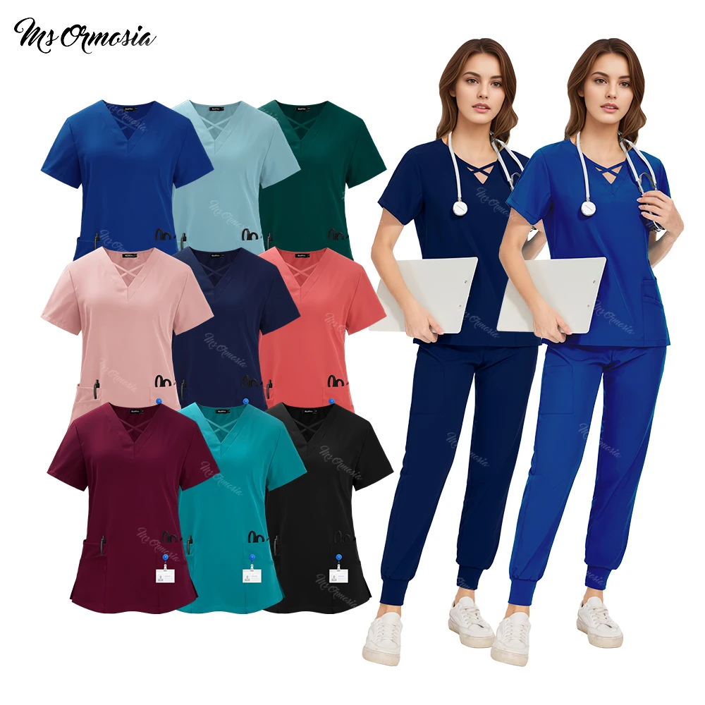 Multicolorido roupas clínicas médicas jogger ternos médico uniformes de enfermagem manga curta com decote em v topos calças de bolso enfermeira esfrega conjunto