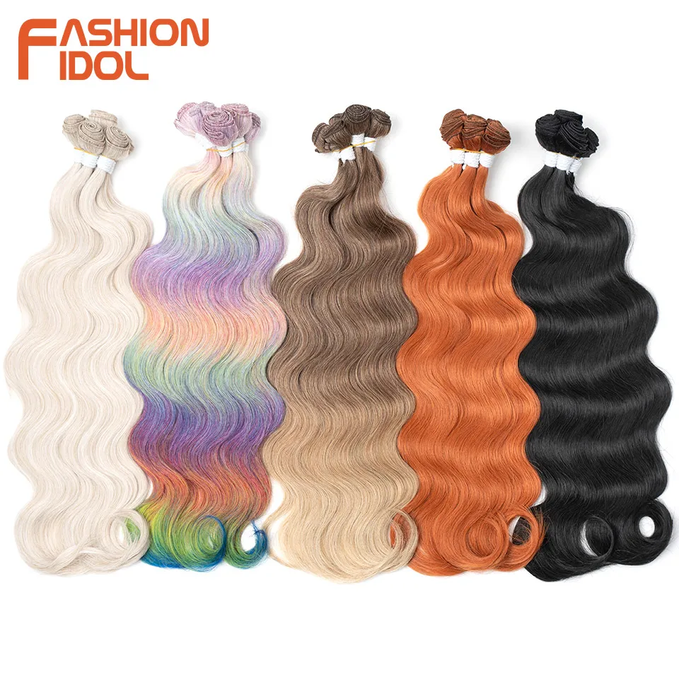FASHION IDOL 24inch 300g/6pcs Body Wave Hair Weaving Synthetic Hair Bundles For Women Ombre Brown Braiding Fake Hair Extensions