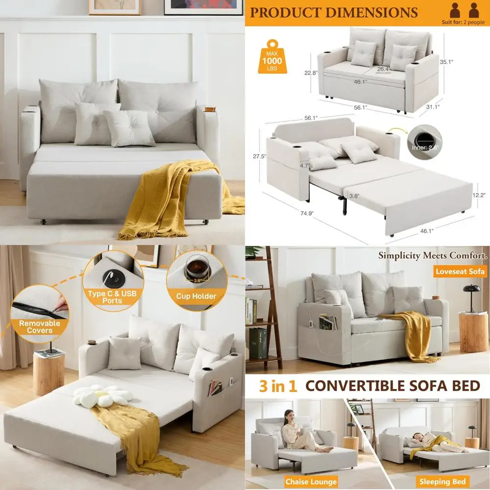 

Трансформируемый двуспальный диван-кровать с местом для хранения вещей, подстаканниками и USB-портом — удобный 56-дюймовый диван-кровать 3-в-1 для повседневного использования