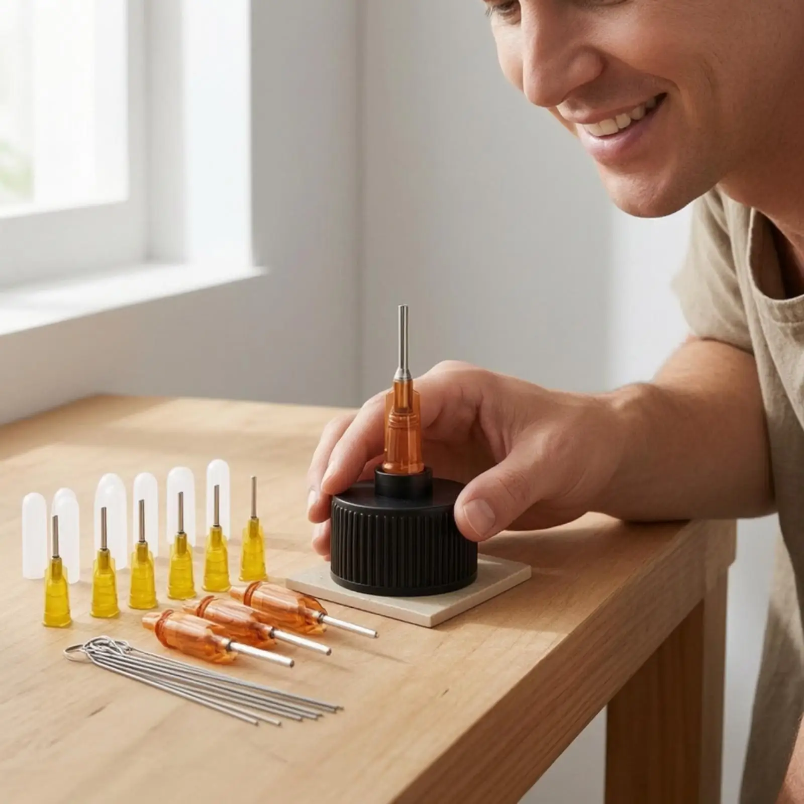 Precision Adapter Nozzle for Bottles Controlled Stream Dispensing Cap Set with Amber Yellow Metal Tip Heads