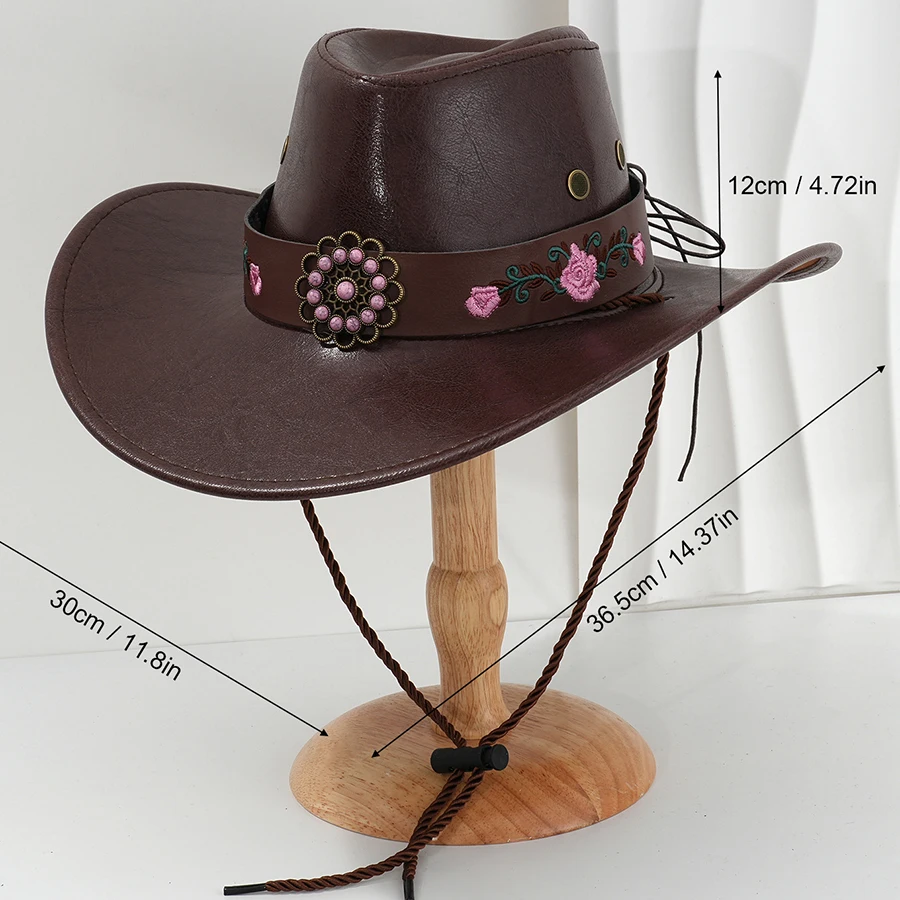 Faux Leather Western Cowboy Hats For Women Men Vintage Wide Brim Gentleman Church Jazz Cap Cowgirl Hats Sombrero Hombre