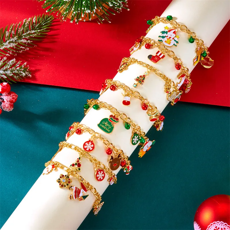 Christmas Alloy Charm Bracelet, Enamel Design Santa & Elk Decor Bracelet, Holiday Gift Hand Jewelry