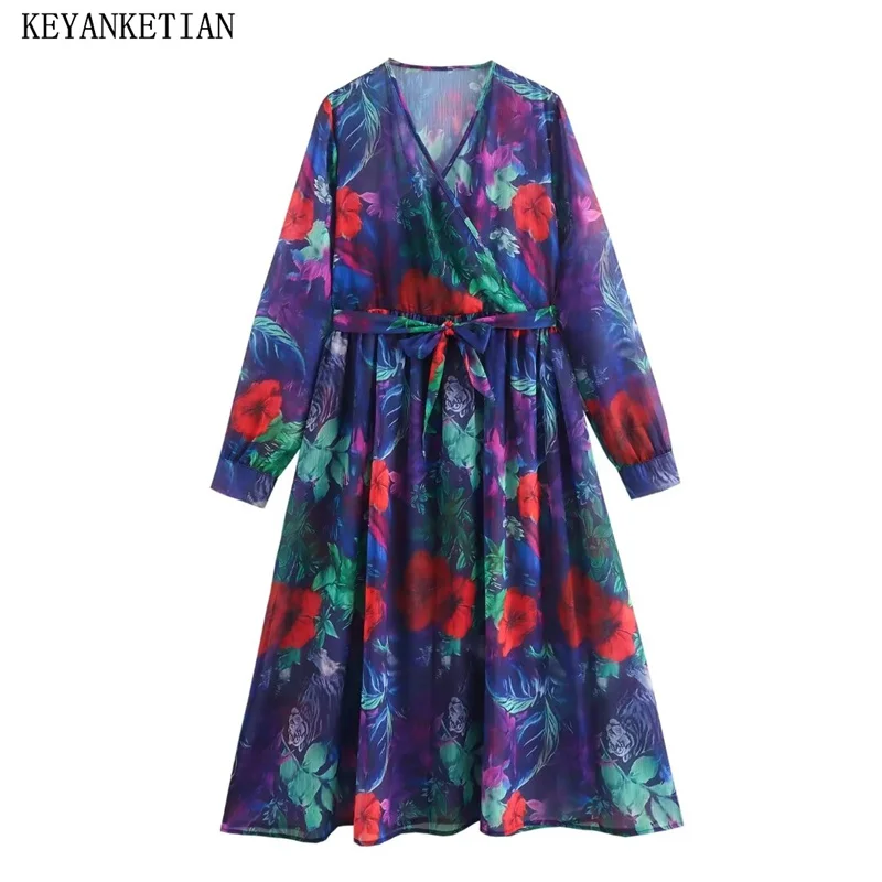 

KEYANKETIAN 2024 New Launch Pastoral style Flower Print Long Sleeve MIDI Dress Women's Cross V-Neck Belt Chiffon A Line Dresses