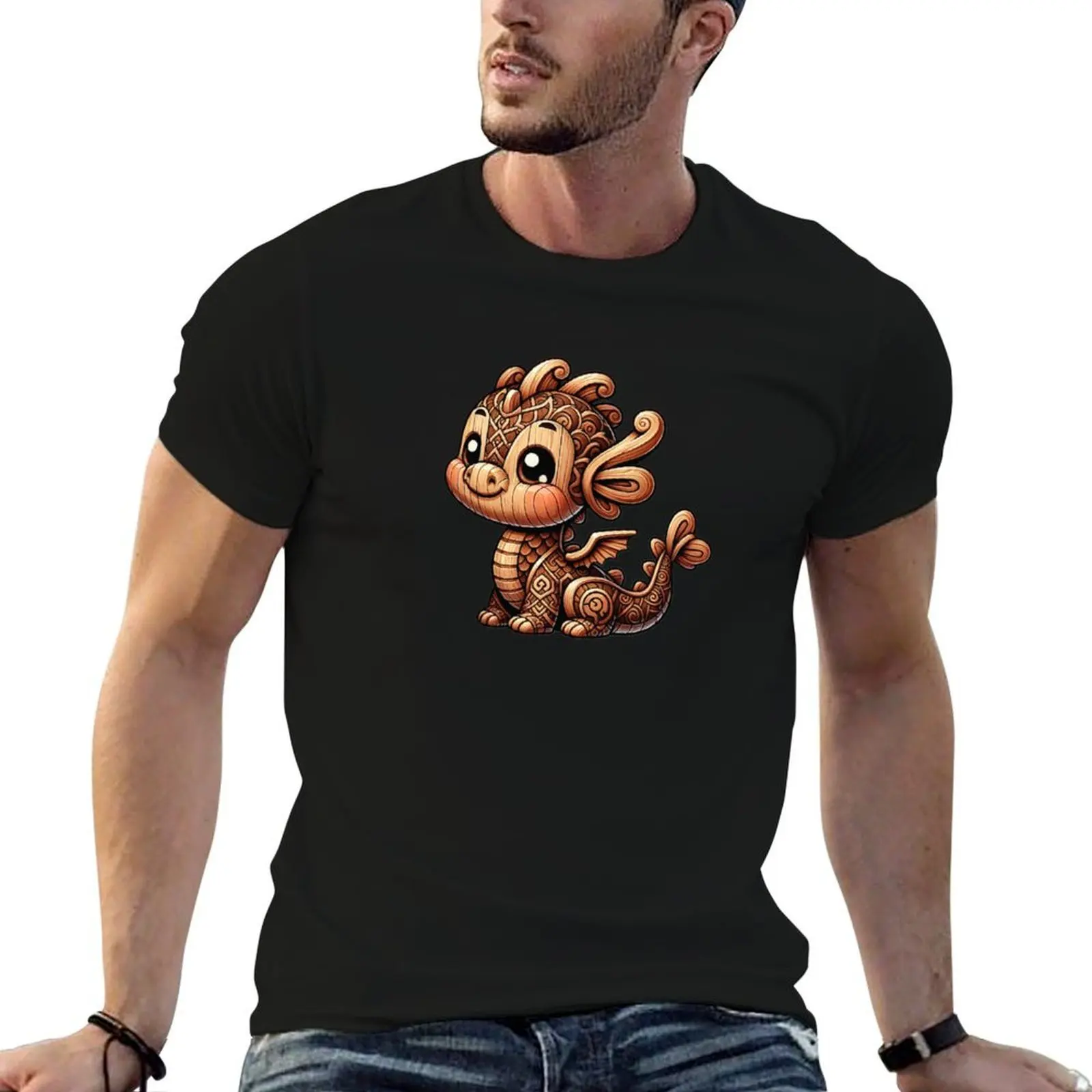 

Enchanted Carvings: Baby Wooden Dragon Illustration T-Shirt t shirt for man man t shirt heavy cotton T-Shirt