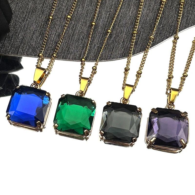 

Trend Luxury Square Colorful Glass Claw Setting Gold Color Pendant Necklaces For Women Wedding Geometric Party Jewelry Gift