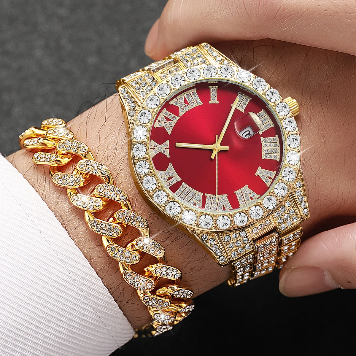 3PCS Luxury Full Diamond Men Quartz Watch Set with Necklace