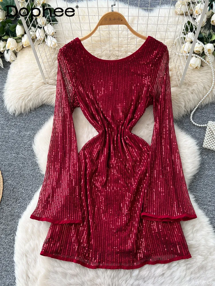 

Korean-style Heavy-duty Sequin V-neck Long-sleeve Women's Dress 2026 Spring-summer Sexy Backless Elegant Sophisticated Dress