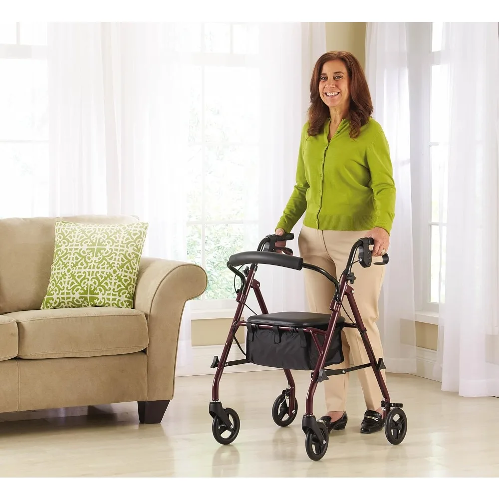 

Steel Rollator Walker with Seat, Burgundy, 350 lb. Weight Capacity, 6” Wheels, Foldable, Adjustable Handles