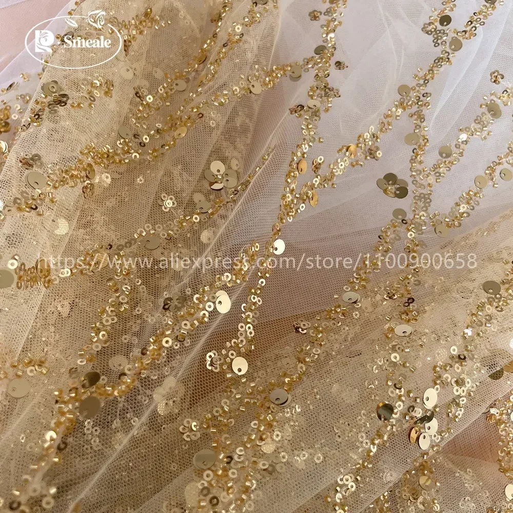Luxury Beaded Sequin Stripe Wedding Dress, Advanced Custom-Made Sewing Fabric, Golden Red Background Decoration Accessories