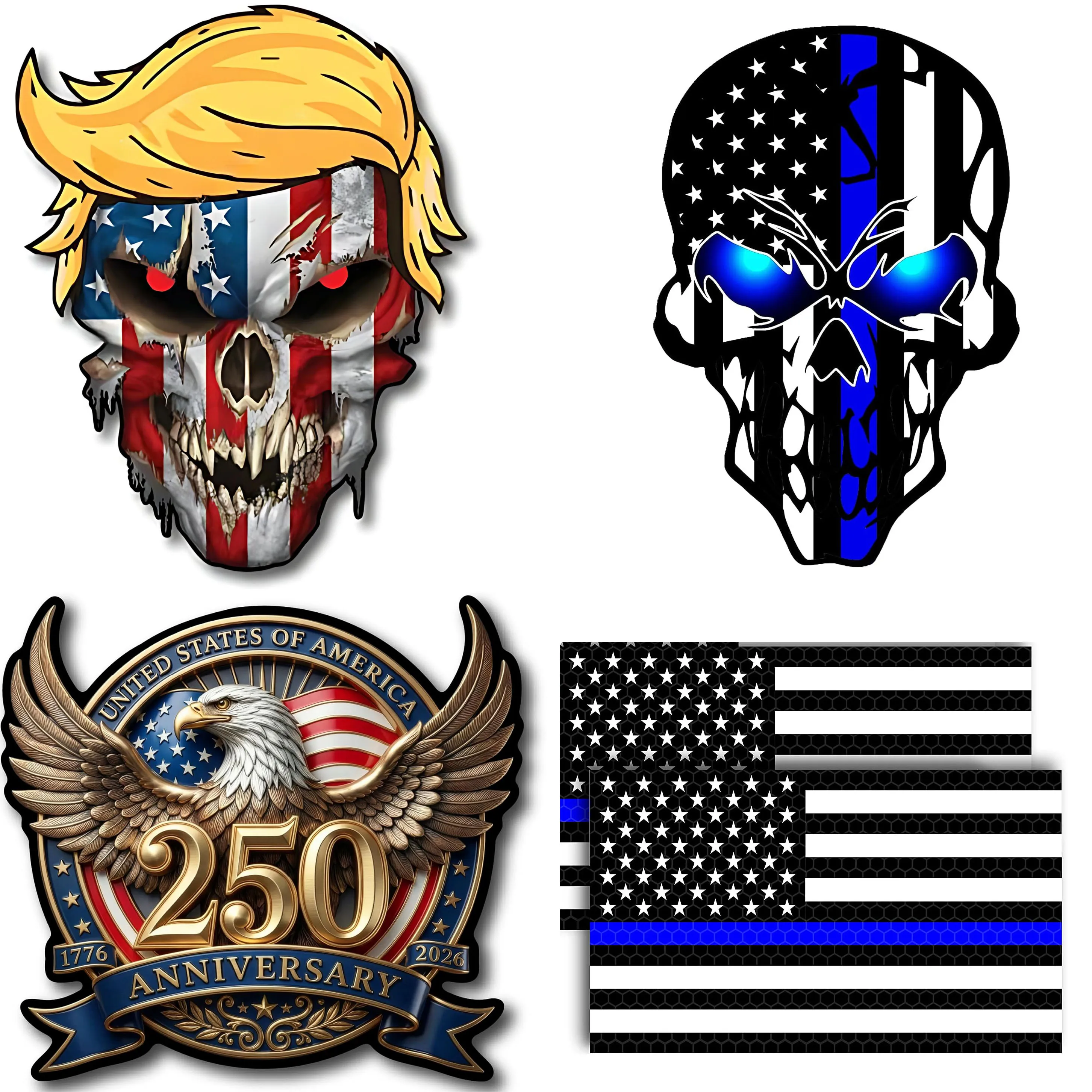 

6" USMC Bold Eagle Blue Line Skull American Flag with Donald Hair US Decal Hard Hat/tool box/Helmet - Brighter on Night