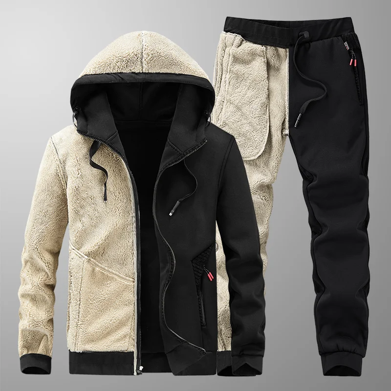 Men's Sets Jacket + pant Warm Fur Winter Sweatshirt Cashmere