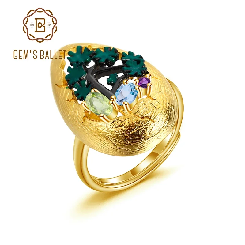 GEM'S BALLET 925 Silver Gold Plated Two Tone Handmade Enamel Craft Natural Mixed Gemstone Women's Adjustable Cocktail Rings