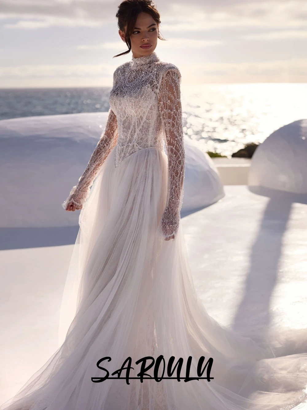 

Ethereal Sheer A Line Wedding Dress Romantic Pearls Lace Bridal Gown Long Sleeved Dreamy Corset Chic Customized Bride Wear