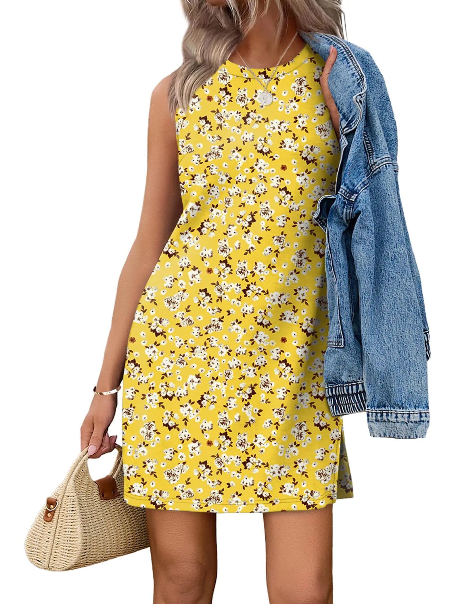 

Yellow Floral Print Sleeveless Round Neck Mini Dress For Women Spring Summer Boho Casual Vacation Wear