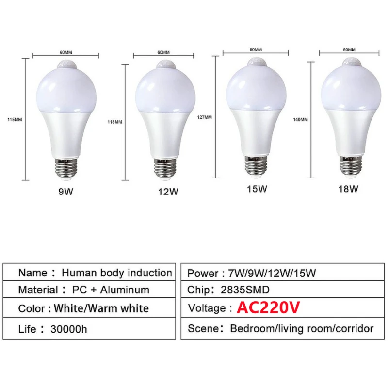 Lampe LED E27 avec capteur de mouvement PIR, ampoule 12W 15W 18W 20W, détecteur de mouvement à rayonnement infrarouge, veilleuse 85-265V
