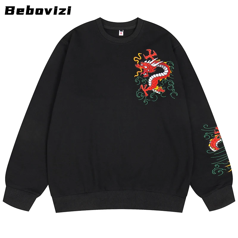 Men Streetwear Hip Hop Chinese Dragon Embroidery Retro Vintage Black Sweatshirt Pullover 2025 Harajuku Sweat Shirt Hipster