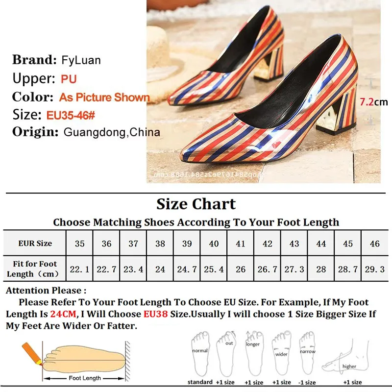 7CM Block Heel Spring Women Shoes Color Stripes Pointed Toe Single Shoes 2025 Fashion Female Outdoor High Heels Pumps Rozmiar 45 46