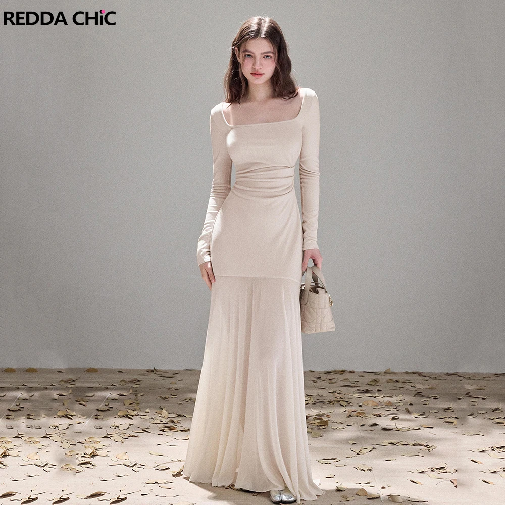 REDDACHiC vestido de sirena de malla de punto nuevo en mangas largas cuello cuadrado fruncido ceñido al cuerpo Maxi vestido largo elegante ropa de mujer de otoño