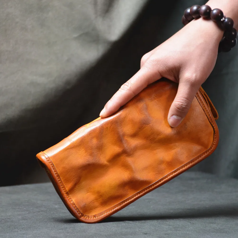Large Capacity Handcrafted Tannery Leather Wallet Vintage Style Long Size Men's Wallet Business Multi-Card Slot Handheld Bag