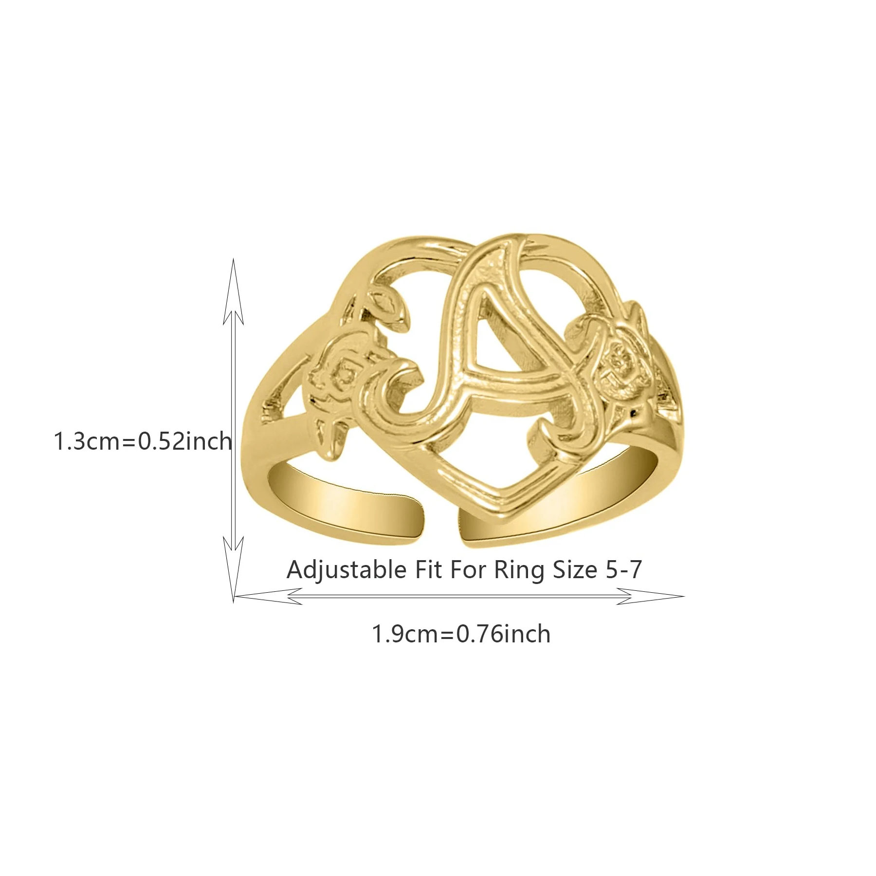 Qitian Gold Initials Heart Letter Ring For Women Fashion Hip Hop Jewelry Personalized Adjustable Letter Rings Mother\'s Day Gifts