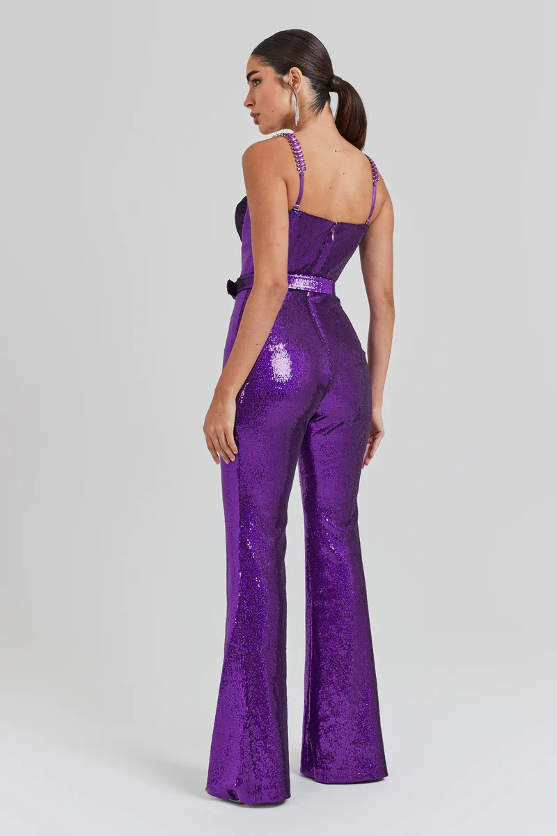 Macacão de lantejoulas sem mangas feminino, bodycon elegante, calça de pernas largas, alça de espaguete, moda casual, roxo, outono