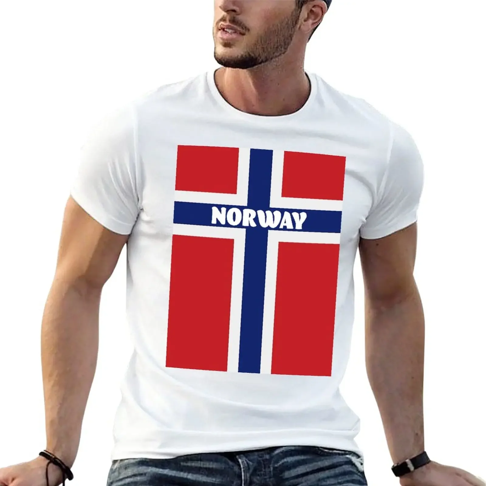 Norwegian Flag with Name of Norway T-Shirt summer clothes vintage t shirts men