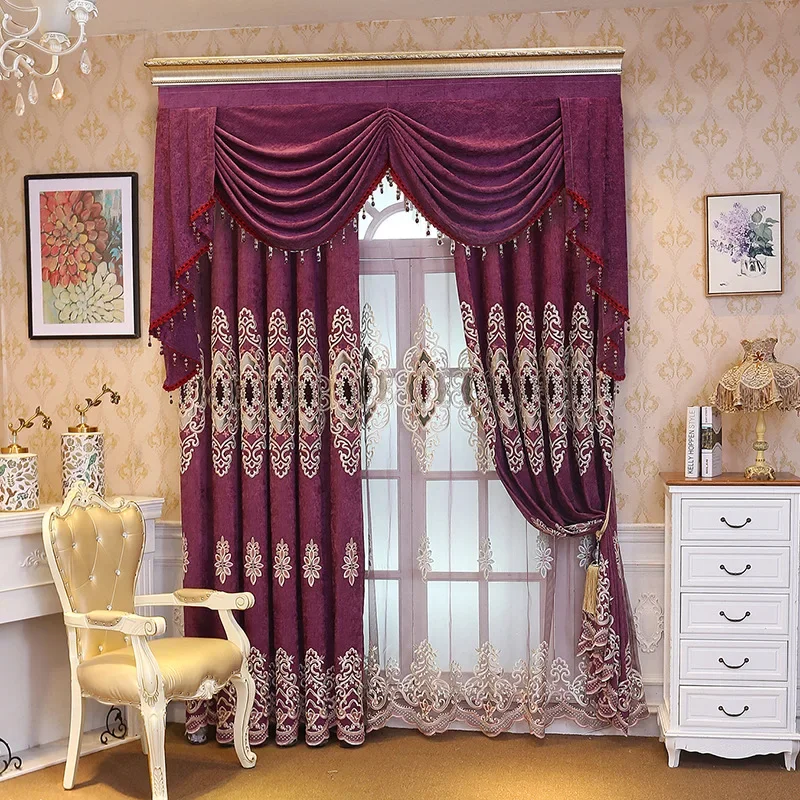 

Custom Embroidered Blackout Curtains for Living Room Curtains for Bedroom Windows European Chenille Valance Tulle European Brown