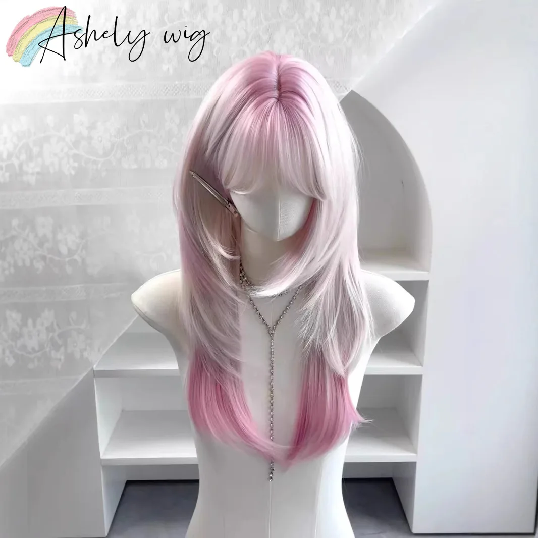 

New Ombre Pink Wig for Women 24inch Straight Hair Wigs with Bangs High Temperature Fibers Synthetic Wigs Lolita Wig Pink 가발