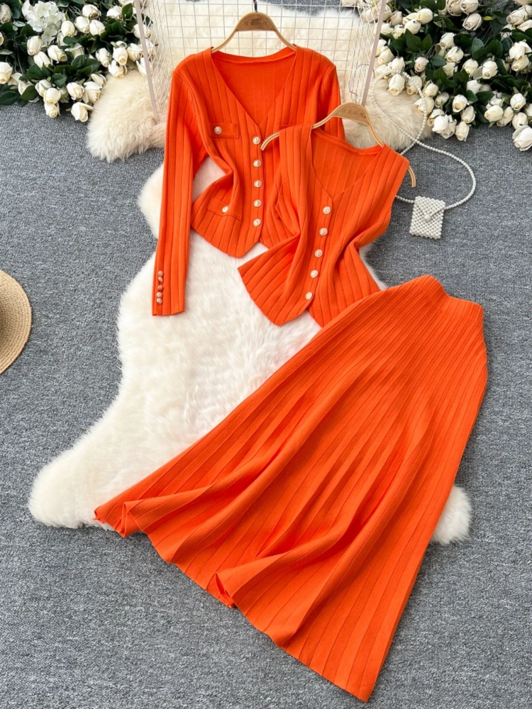 

Chic Women Three-Piece Sets Metal Buckles Sleeveless Vest V-neck Cardigan High Waist Skirt Korean Basics Winter Knitted Clothing