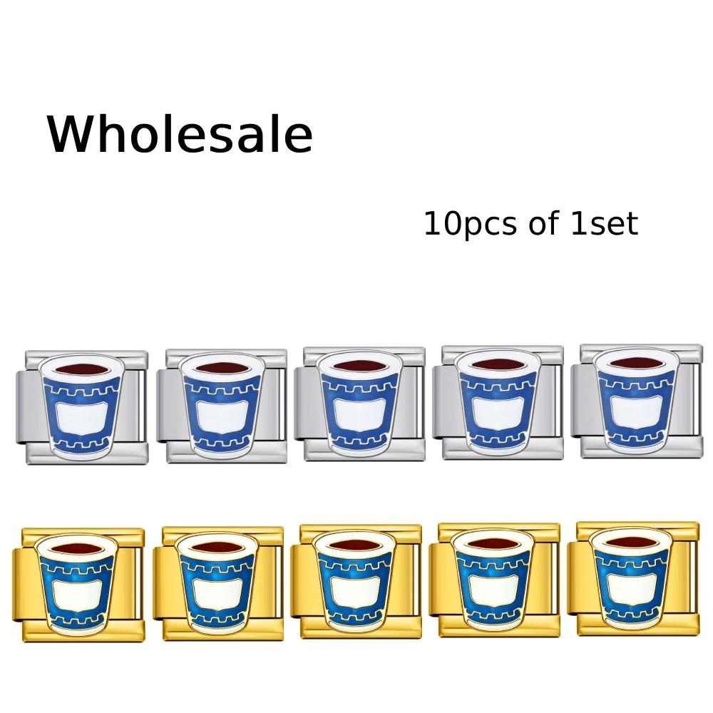 Wholesale 10Pcs Coffee Cup Enamel Charm Links 9mm Italian Modular Bracelet Stainless Steel DIY Jewelry Making Accessories Bulk