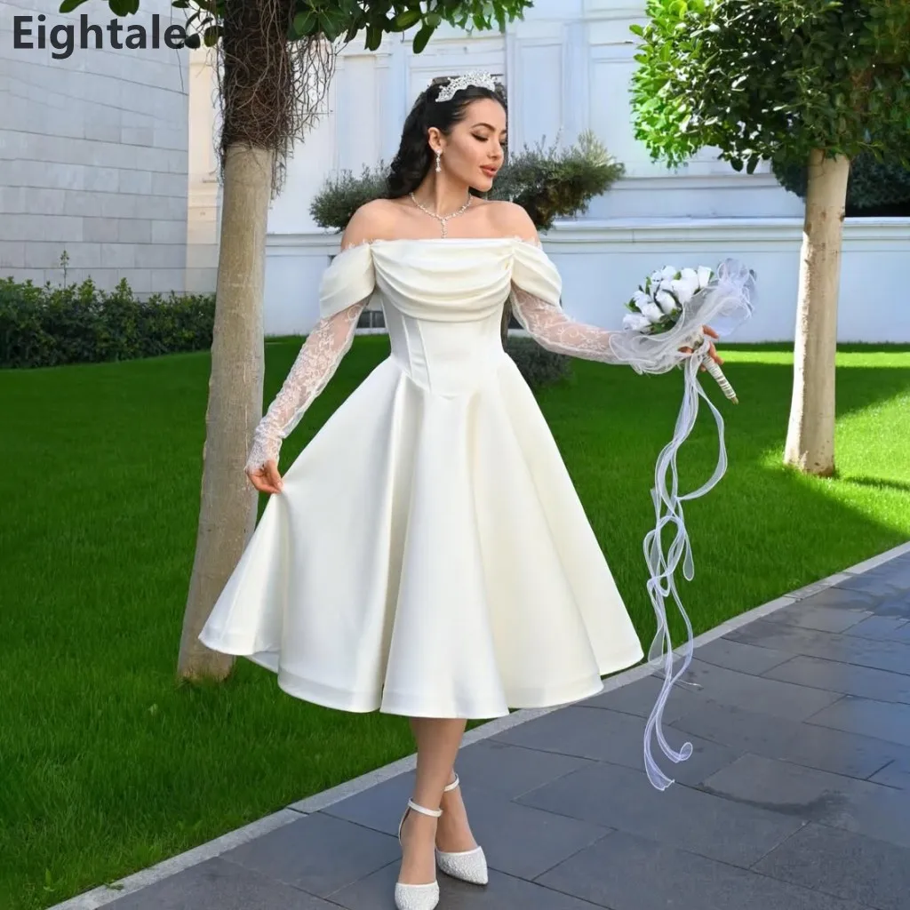 

Eightale 2026 Ivory Off Shoulder Wedding Dress Satin A-Line Tea Length Bridal Gown with Lace Sleeves Customized