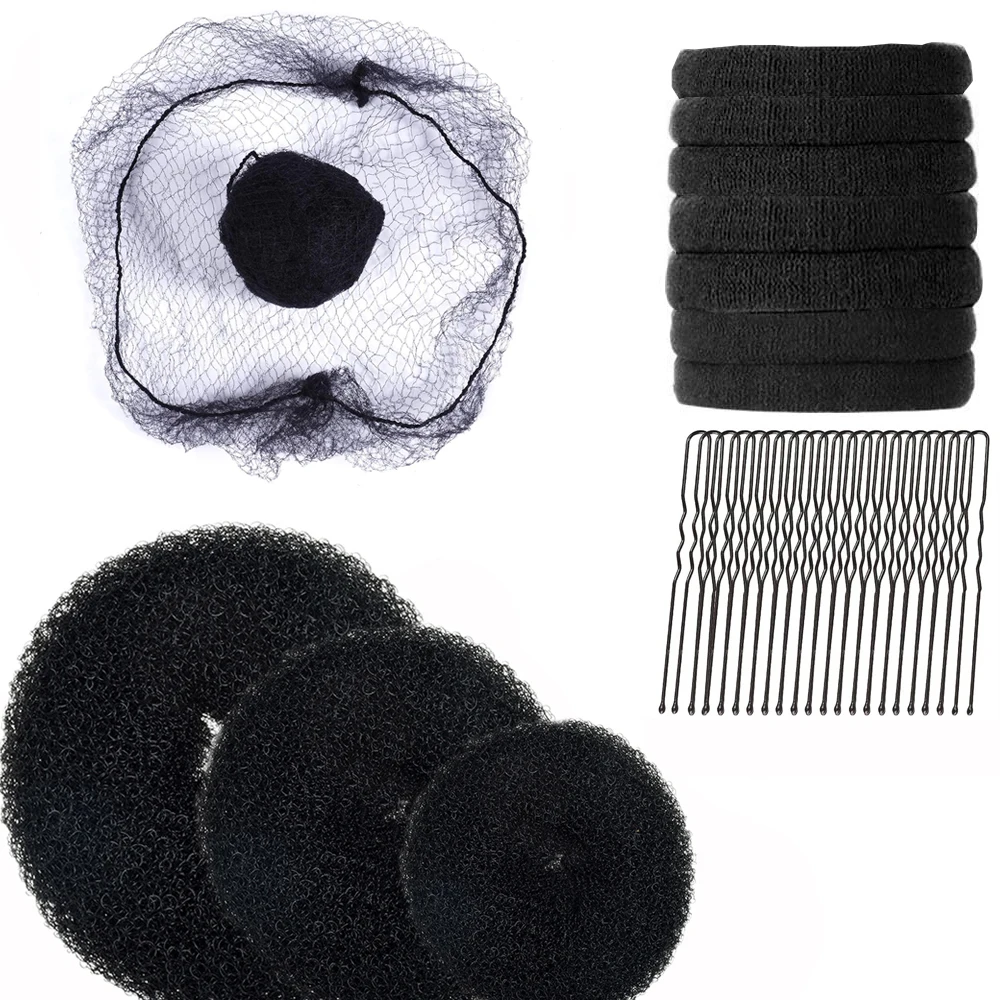 Hair Bun Maker Ring Style Set com 7 Bandas, 20 Bobby Pins, 3 Pães, 20 Redes para Chignon, 50 Unidades por Conjunto