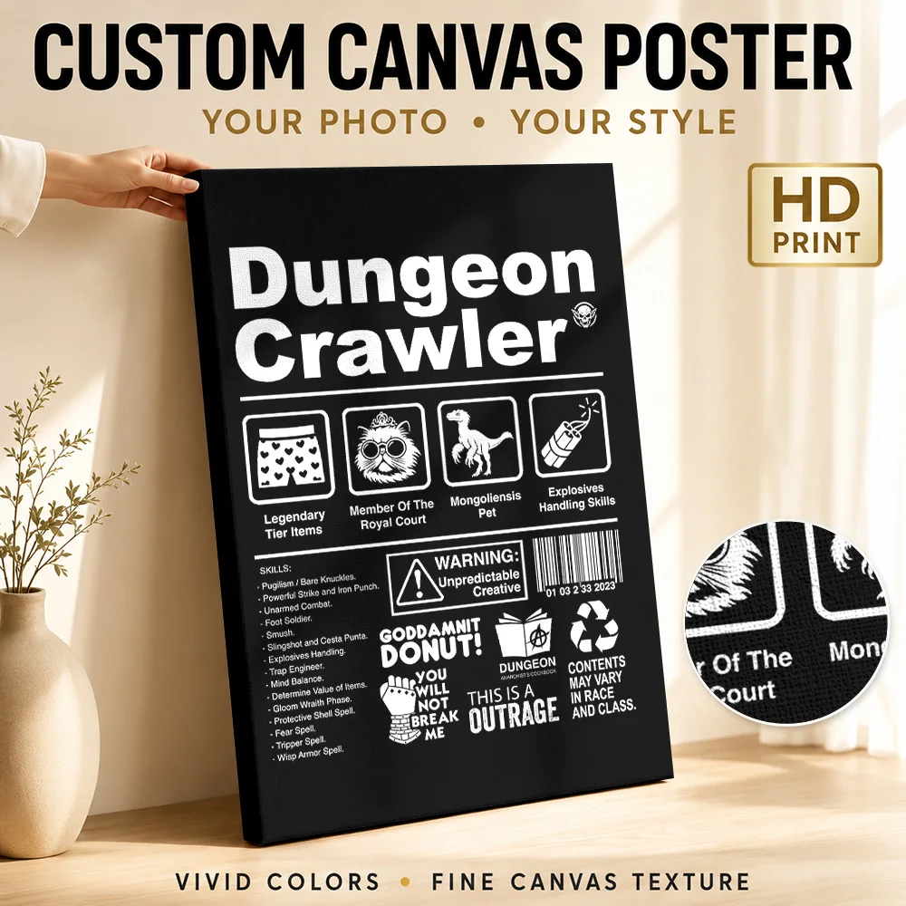 Dungeon Crawler Literature Label Wood Framed Canvas Print Personalized Photo Classic Monochrome Detail Wall Art For Living Room